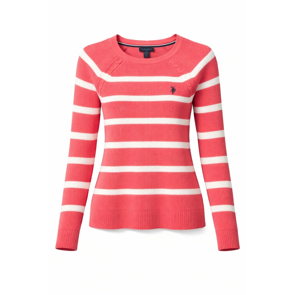 US Polo Assn Sweater Womens M Pink Stripe Knit Crewneck Logo‎ Casual Preppy